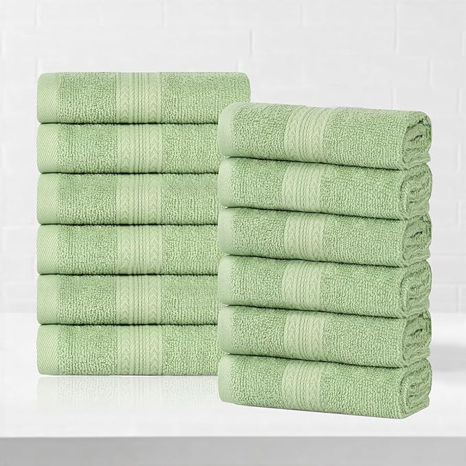 Superior Eco-Friendly Cotton 12-Piece Face Towel/Washcloth Set, Small, Fast Drying Towels for Face, Spa, Resort, Hotel, Hand, Shower, Guest Bathroom, Home, Airbnb, Apartment Essentials, Terrace Green