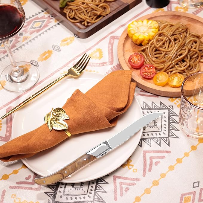 Laguiole Style Steak Knife Set of 12, Non-serrated Steak Knife Set with Olive Wood Handle, Sharp Stainless Steel Steak Knives with Gift Box, Dinner Cutlery Set for Home Party