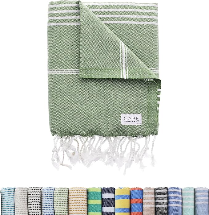 Large Turkish Beach Towel, Classic Sage - Super Soft & Lightweight Quick Dry Absorbent Towels for Beach, Picnic Blanket or Bath Towel - Sand Free Organic Turkish Cotton Yarn