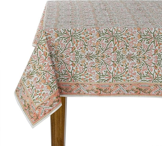 Ridhi Sassy Salmon Emerald Green Hand Block Print Cotton Rectangle Tablecloth 120" x 60" inches Reusable Table Cover Decorative Everyday Use for Dining, Farmhouse, Home, Party, Festive, Wedding, Fall