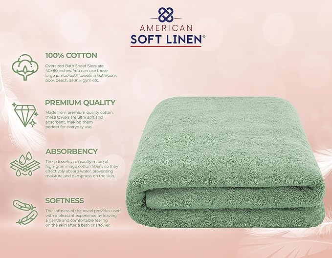 American Soft Linen Oversized Bath Sheet 40x80 Extra Large for Bathroom, 600 GSM 100% Cotton Turkish Jumbo Bathsheet Towels for Adults, Sage Green