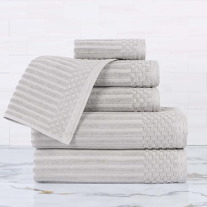 Cotton 6-Piece Solid and Ribbed Towel Set, Face Towels 13” x 13”, Hand Towels 16” x 28”, Bath Towels 27” x 54”, Silver by Superior