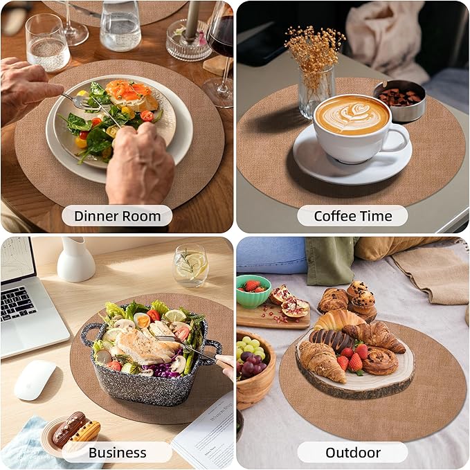 15 inch Faux Leather Round Placemats Set of 4 Non-Slip Washable Wipeable Table Mats, Heat Resistant Waterproof Oilproof Brown Place Mats for Kitchen, Dining, Party, Indoor, Outdoor