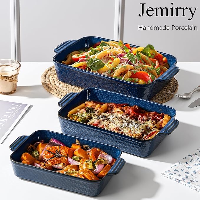Ceramic Baking Dish Set of 3, Casserole Dishes for Oven, Square Porcelain Bakeware Set with Handles, Lasagna Baking Pan for Cooking, Perfect for Baking and Serving, Housewarming, Halloween, Thanksgiving, Christmas, New Year- Blue