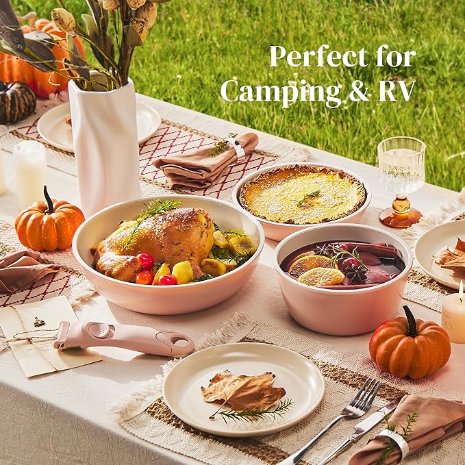 Redchef 16pcs Ceramic Pots and Pans Set Non Stick, Nonstick Kitchen Cookware Set with Detachable Handle, Non Toxic, PFAS PFOA & PTFE Free, RV Cookware Set for Camping, Dishwasher/Oven Safe (Pink)