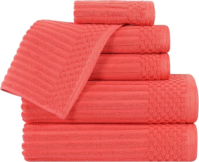 Cotton 6-Piece Solid and Ribbed Towel Set, Face Towels 13” x 13”, Hand Towels 16” x 28”, Bath Towels 27” x 54”, Coral by Superior