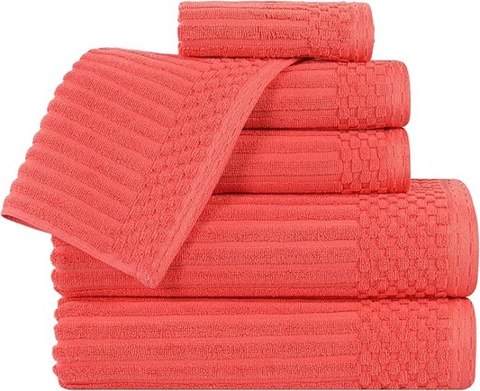 Cotton 6-Piece Solid and Ribbed Towel Set, Face Towels 13” x 13”, Hand Towels 16” x 28”, Bath Towels 27” x 54”, Coral by Superior