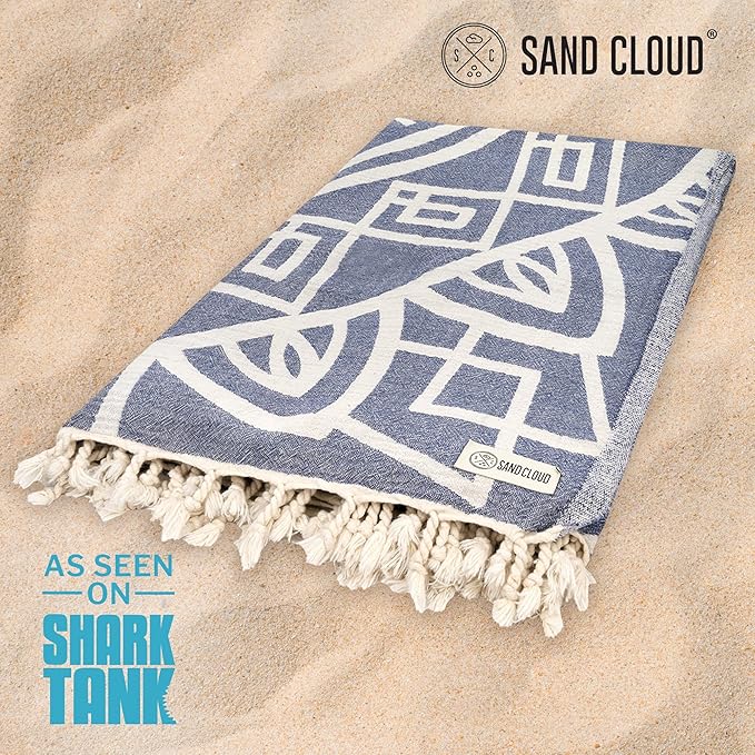 Sand Cloud Extra Large Turkish Beach Towel - Sand Free - 100% Organic Turkish Cotton Yarn - Quick Dry Towel for Beach, Picnic, Blanket or Bath - As Seen on Shark Tank - Cool Glacier (Navy)