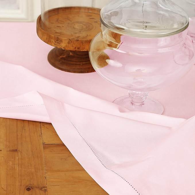 Solino Home Pink Cotton Linen Tablecloth 58 x 144 Inch - Hemstitch Table Cloth for Rectangle Tables - Machine Washable Tablecloth for Valentines, New Year