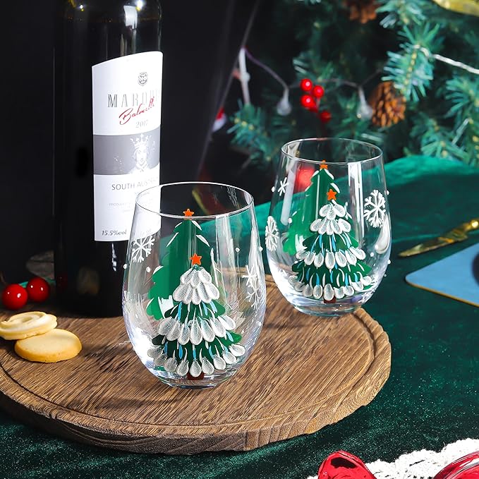 Joeyan Christmas Crystal Stemless Wine Glasses,Hand Painted Red or White Wine Glass Tumbler Cups,Large Green Xmas Tree and Snowflakes Patterned Drinking Glasses,Gift for Men Women Family,19oz,Set of 2