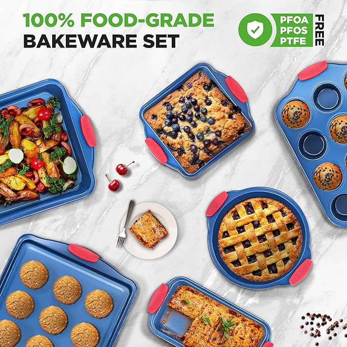 NutriChef 6-Piece Non Toxic Bakeware Set – Carbon Steel Baking Pan Includes Cookie, Muffins, Loaf, Bread, Round & Square Pans, Non-Stick, Easy Release, & Easy Clean