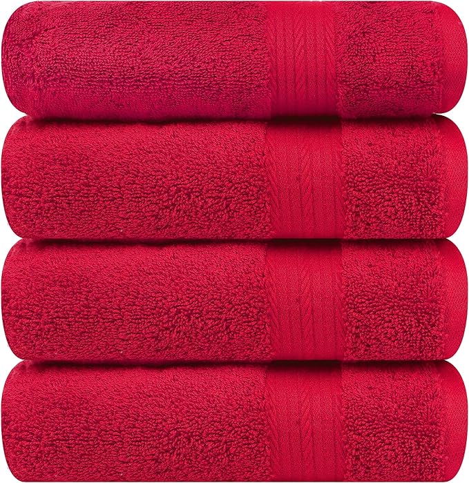 Ample Decor Bath Towel 100% Cotton 30 X 54 Inch 600 GSM Towels Bathroom Soft Light Weight - 4pcs - Christmas Red