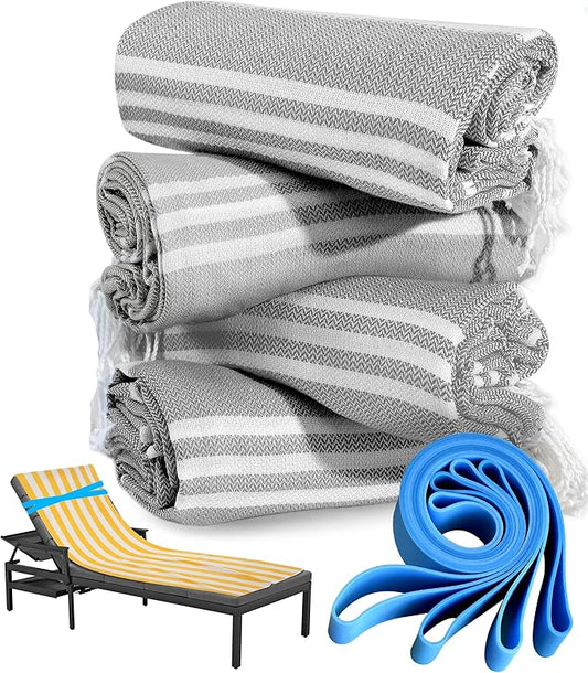 4 Packs Turkish Beach Towel Bathroom Bath Towels Set Bulk Soft Cotton Extra Large Sand Resistant Fast Drying Compact Packable Lightweight Sandrpoof Repellent Anti Repels Foldable Chamois
