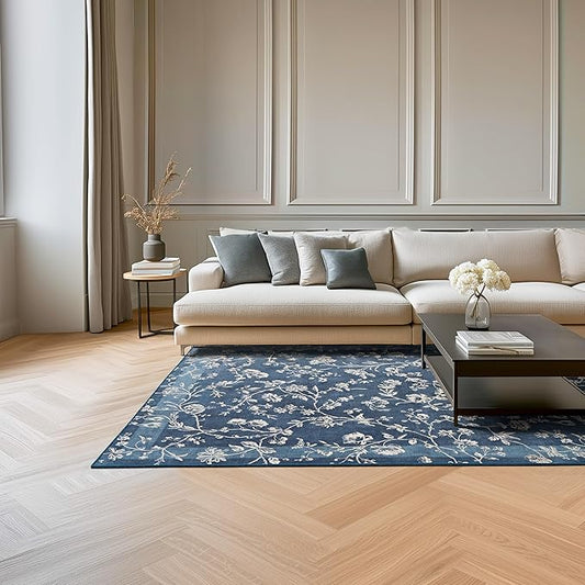 Laura Ashley Dark Navy Aria Floral Border Machine Washable & Slip Resistant 5' x 7' Area Rug