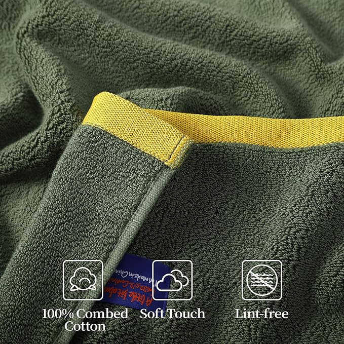 REDKISS 2 Pack 100% Cotton Bath Towels with Luxury Embellished Border Design, Oversized 27 x 54 Inches & 600 GSM Ultra Soft Bath Towel Set, Quick Dry Towels for Bathroom, Gym, Spa, Hotel, Army Green
