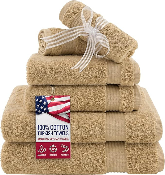 American Veteran Towel, 6 Piece Towel Set for Bathroom, 100% Cotton Turkish Bathroom Towels, 2 Bath Towels 2 Hand Towels 2 Washcloths, Beige