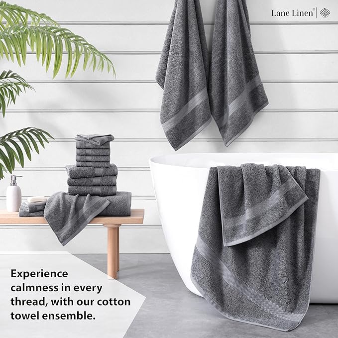 LANE LINEN 100% Cotton Luxury Bath Towel Set - 16 Pieces - Ring Spun, Super Soft & Highly Absorbent - 4 Bath, 8 Washcloths, 4 Hand Towels for Bathroom - Holds Well After Multiple Washes - Cool Grey