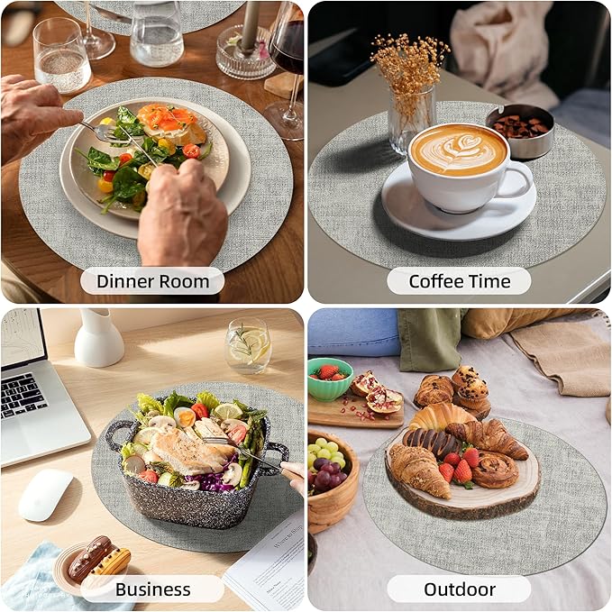 15 inch Faux Leather Round Placemats Set of 4 Non-Slip Washable Wipeable Table Mats, Heat Resistant Waterproof Oilproof Place Mats for Kitchen, Dining, Party, Indoor, Outdoor Beige