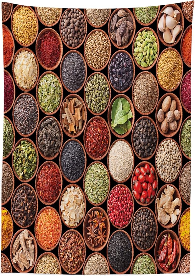Ambesonne Nature Tablecloth, Cuisine Food Art Themed Spices in Bowls Colorful Cultural Top View Photo, Rectangular Table Cover for Dining Room Kitchen Decor, 60" X 84", Brown Green and Red