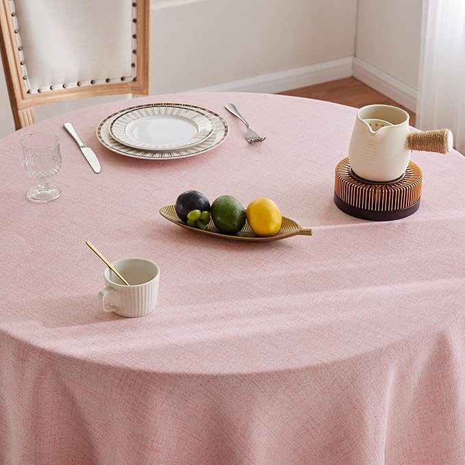 Linen Tablecloth with Tassels, Farmhouse Style Pink Tablecloth, Water Resistant Burlap Tablecloths for Round Table, 52 Inch Round Pink