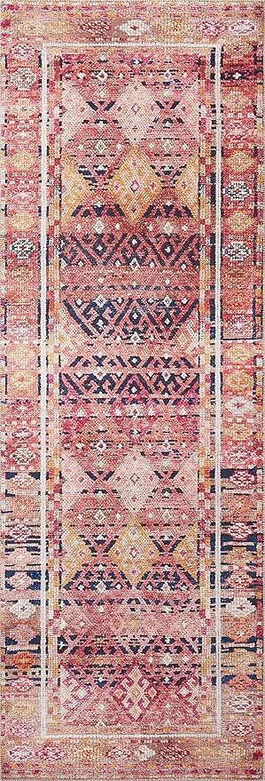 Loloi Layla Collection LAY-15 Magenta/Multi 3'-6" x 5'-6" .13" Thick Accent Rug, Soft, Durable, Vintage Inspired, Distressed, Low Pile, Non-Shedding, Easy Clean, Printed, Living Room Rug
