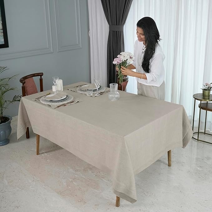 D'Moksha Homes Natural Linen Tablecloth 60 x 120 Inch - 100% Pure Linen Hemstitch Tablecloth for Rectangle Tables - Classic Hemstitch, Machine Washable Table Cloth for Holiday, New Year