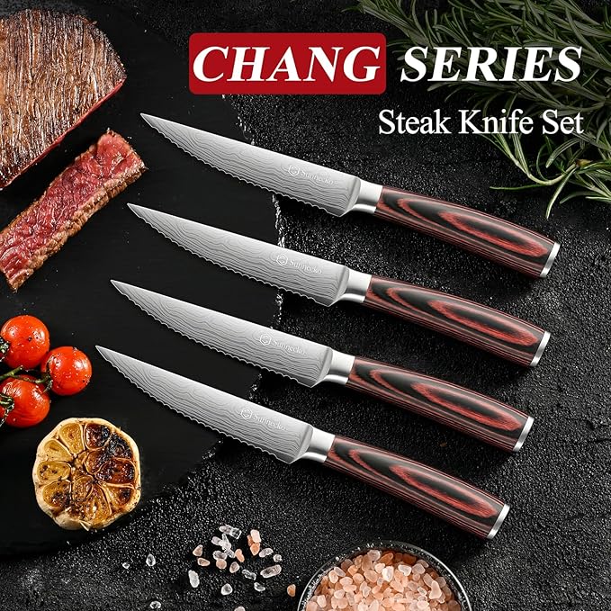 Sunnecko Razor-Sharp Steak Knives Set of 4,Premium Stainless Steel Serrated Steak Knife Set,Pakkawood Handle 4.5 Inch Kitchen Steak Knife with Gift Box