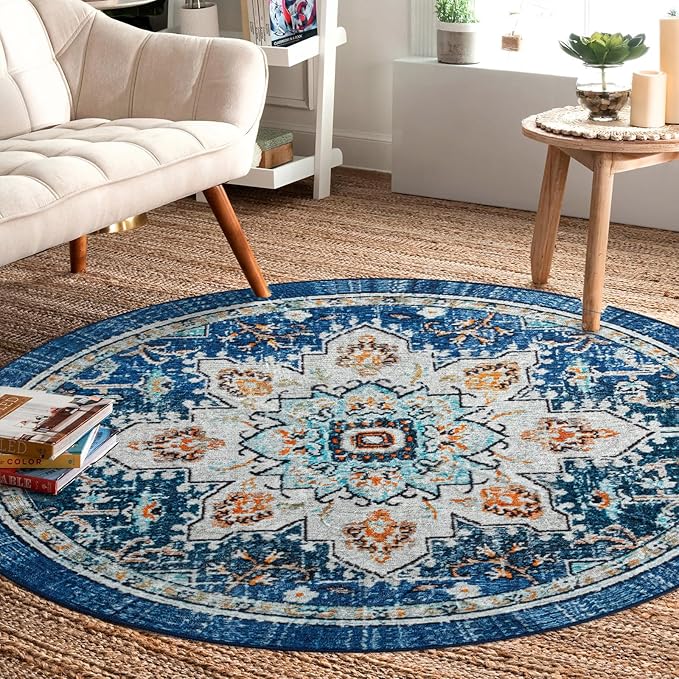 Easy-Going Round Rug 5ft Area Rug Washable Boho Circle Rugs for Living Room Non-Slip Bedroom Rug Low Pile Lightweight Tangerine Vintage Throw Rug for Dining Room Kitchen Office, Floral Aqua Yellow