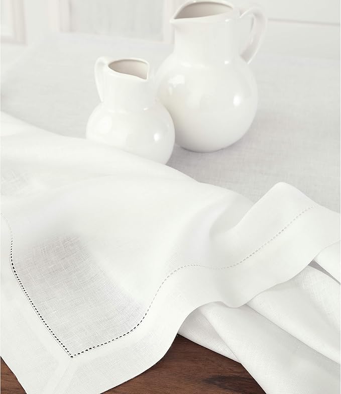 Solino Home Linen Tablecloth for Rectangle Tables 60 x 102 Inch - Classic Hemstitch 100% Pure Linen White Table Cloth - Machine Washable Cloth Tablecloth for Winter, Holiday, Valentines, New Year