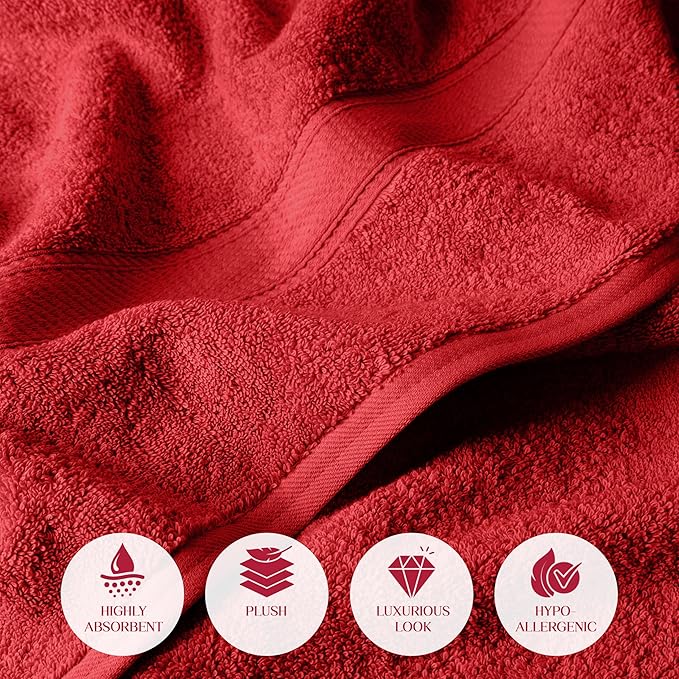 Superior Egyptian Cotton Pile Bath Towel Set of 2, Ultra Soft Luxury Towels, Thick Plush Essentials, Absorbent Heavyweight, Guest Bath, Hotel, Spa, Home Bathroom, Shower Basics, Red