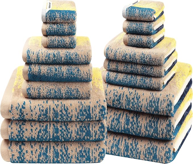 SEMAXE 18-Pack Bath Towel Set Include 6 Bath Towels, 6 Hand Towels, 6 Wash Cloths, 100% Cotton Bathroom Towels with Hanging Loops, Soft & Absorbent Towel, Colorful Towel - Beach Collection