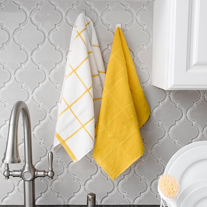 T-Fal Solid & Checked Parquet Kitchen Towels: Highly Absorbent, Super Soft Long Lasting - 100% Cotton, 16"x26" Dish Towels for Cleaning & Drying Dishes, Pans, Glassware, or Countertops, 2-Pack, Lemon