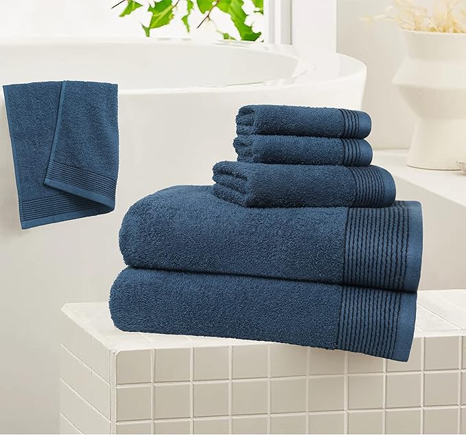 Belizzi Home 100% Cotton Ultra Soft 6 Pack Towel Set, Contains 2 Bath Towels 28x55 inchs, 2 Hand Towels 16x24 inchs & 2 Washcloths 12x12 inchs, Compact Lightweight & Highly Absorbant - Mineral Blue