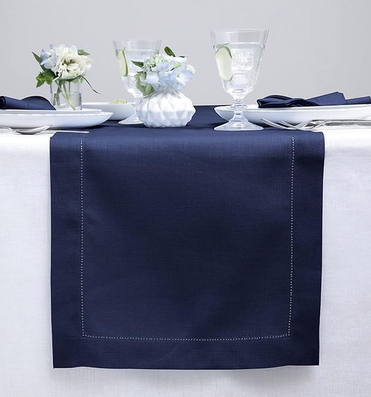 Solino Home Linen Navy Blue Table Runner 108 Inches Long - 100% Pure Linen 14 x 108 Inch Table Runner for New Year - Classic Hemstitch