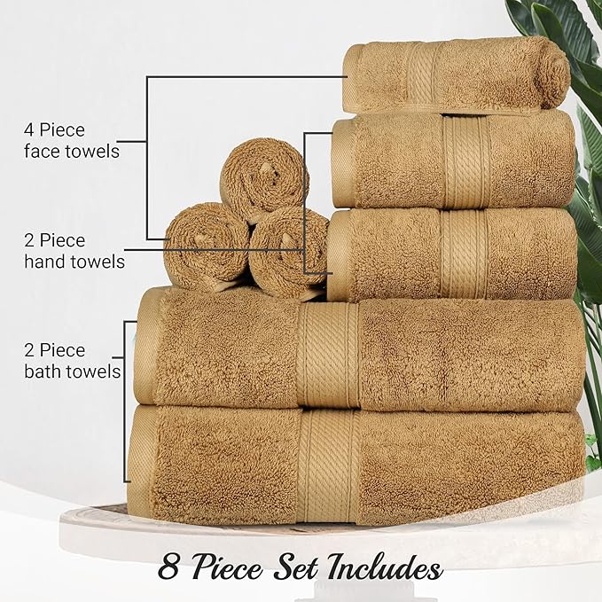 Superior Egyptian Cotton Pile 8 Piece Towel Set, Includes 2 Bath, 2 Hand, 4 Face Towels/Washcloths, Ultra Soft Luxury Towels, Thick Plush Essentials, Guest Bath, Spa, Hotel Bathroom, Toast