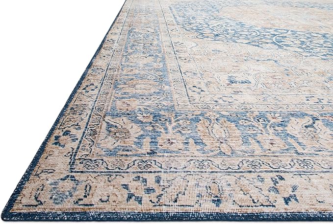 Loloi Layla Collection LAY-07 Blue/Tangerine 5'-0" x 7'-6" .13" Thick Area Rug, Soft, Durable, Vintage Inspired, Distressed, Low Pile, Non-Shedding, Easy Clean, Printed, Living Room Rug