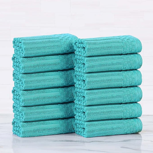 Superior Cotton Face Towel/Washcloth Set of 12, Daily Use for Bathroom, Guest Bath, Quick Dry Small Towels, Face, Hand, Gym, Spa, Hotel, Absorbent, Essentials, Ribbed, Soho Collection, Turquoise
