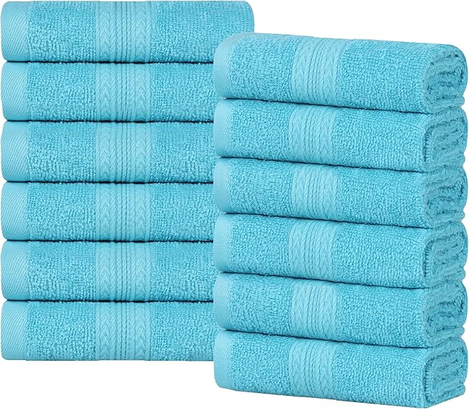 Superior Eco-Friendly Cotton 12-Piece Face Towel/Washcloth Set, Small, Fast Drying Towels for Face, Spa, Resort, Hotel, Hand, Shower, Guest Bathroom, Home, Airbnb, Apartment Essentials, Turquoise