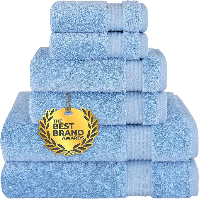 Cotton Paradise 6 Piece Towel Set 100% Cotton Soft Absorbent Turkish Towels for Bathroom, 2 Bath Towels 2 Hand Towels 2 Washcloths, Sky Blue Towel Set