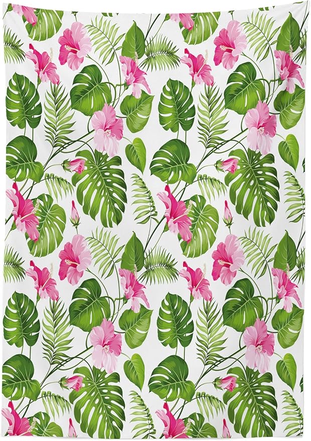 Ambesonne Leaf Tablecloth, Hawaiian Hibiscus Crystal Pink Flower with Palm Tree Leaves Art Print, Dining Room Kitchen Rectangular Table Cover, 52" X 70", Green Pink