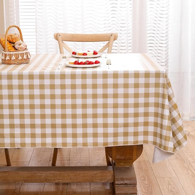 Heavy Duty Vinyl Tablecloth with Flannel Backing Waterproof Oil-Proof Plastic Table Cloth Stain-Resistant Wipeable Rectangle or Square Table Cover for Indoor and Outdoor (Khaki Checkered, 54x54 Inch)
