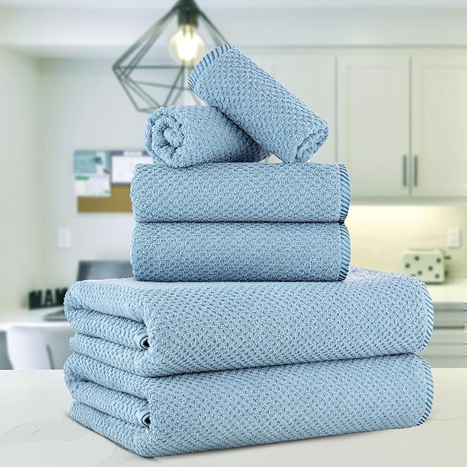 CASA COPENHAGEN Popcorn 6 Pieces Towel Set- Dusty Blue, 600 GSM 2 Bath Towel 2 Hand Towel 2 Washcloth, Designed in Denmark Made of Soft Egyptian Cotton for Bathroom, Kitchen & Shower
