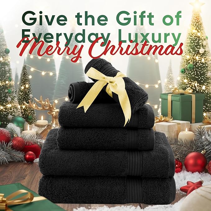 American Veteran Towel, 6 Piece Towel Set for Bathroom, 100% Cotton Turkish Bathroom Towels, 2 Bath Towels 2 Hand Towels 2 Washcloths, Black