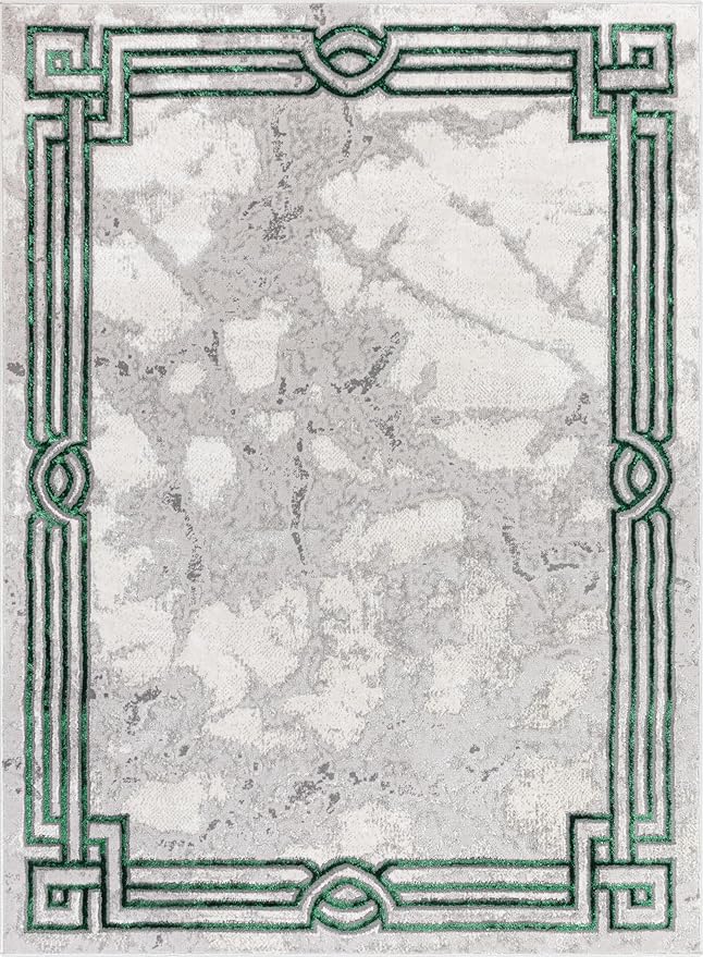 Well Woven Lezlee Abstract Modern 5'3" x 7'3" Area Rug - Emerald Green Marble Border - for Living Room, Dining Room, Bedroom