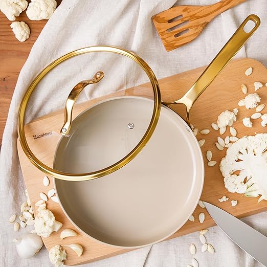 bloomhouse - Two Time Oprah's Favorite Things Winner - 10 Inch Heavy Duty Aluminum Premium PFA Free Ceramic Nonstick Saute/Deep Frying Pan Skillet with Lid - Almond Cream w/Gold Handle