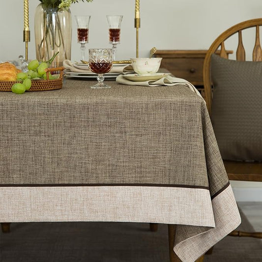 Solid Bordered Retro Tablecloths Classic Textured Linen Style Rustic Washable Tablecloth, Rectangle Table Cloth, Kitchen Dinning Tabletop Decoration, Oblong Table Cover Flax 55x120 Inch