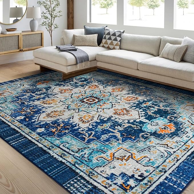 Easy-Going Area Rug 6x9 Washable Boho Rugs for Living Room Non-Slip Bedroom Rug Low Pile Lightweight Tangerine Vintage Throw Rug for Dining Room Kitchen Home Office Carpet, Floral Aqua Yellow