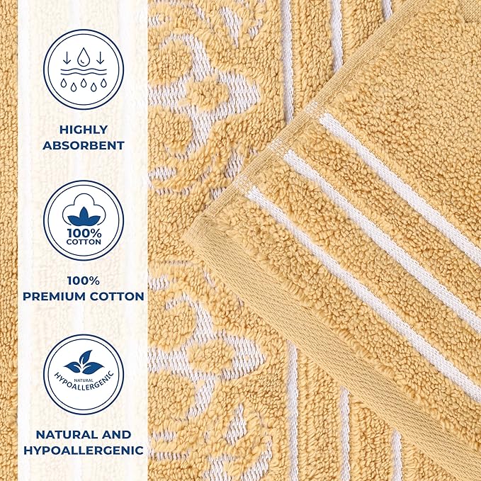 Superior Cotton Hand Towel Set, Small Towels, Plush Soft Absorbent Bathroom Basics, Home Essentials, Spa, Salon, Hotel, Kitchen, Luxury Quick Drying, Zero-Twist, Jacquard Floral, Set of 6, Gold