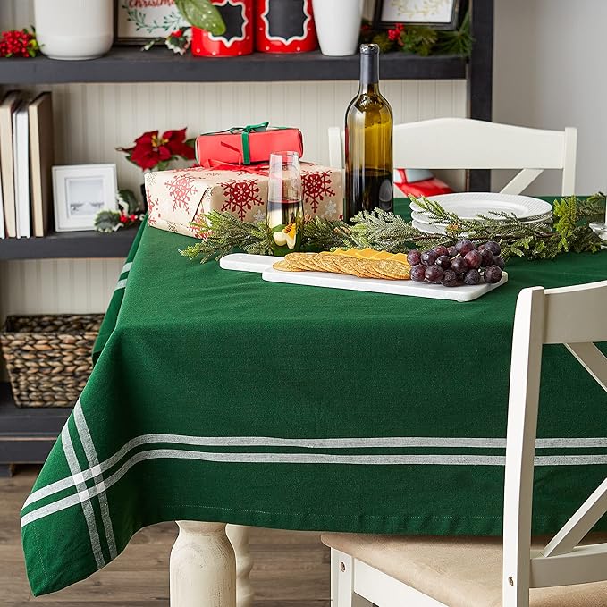 Pre de Provence French Stripe Dining Table Collection Farmhouse Style Tablecloth, 52x52 Inches, Balsam Green