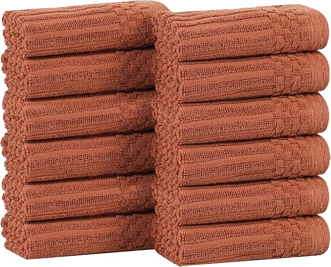 Superior Cotton Face Towel/Washcloth Set of 12, Daily Use for Bathroom, Guest Bath, Quick Dry Small Towels, Face, Hand, Gym, Spa, Hotel, Absorbent, Essentials, Ribbed, Soho Collection, Rust